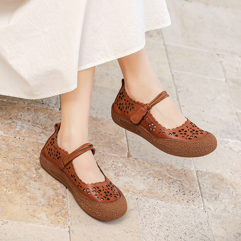 Soft sole cowhide casual hollow shoes