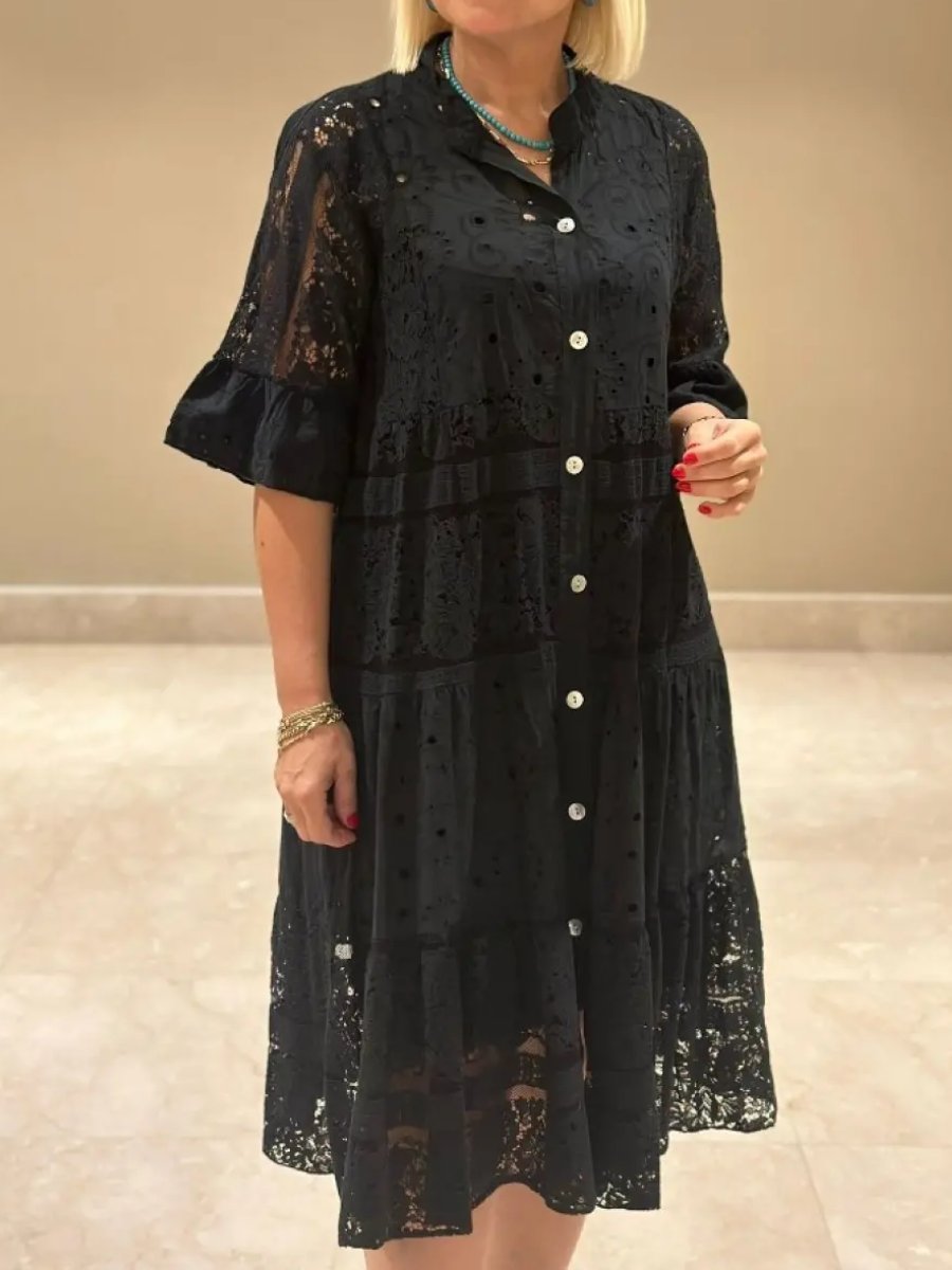 Lace Button Up Solid Loose Dress