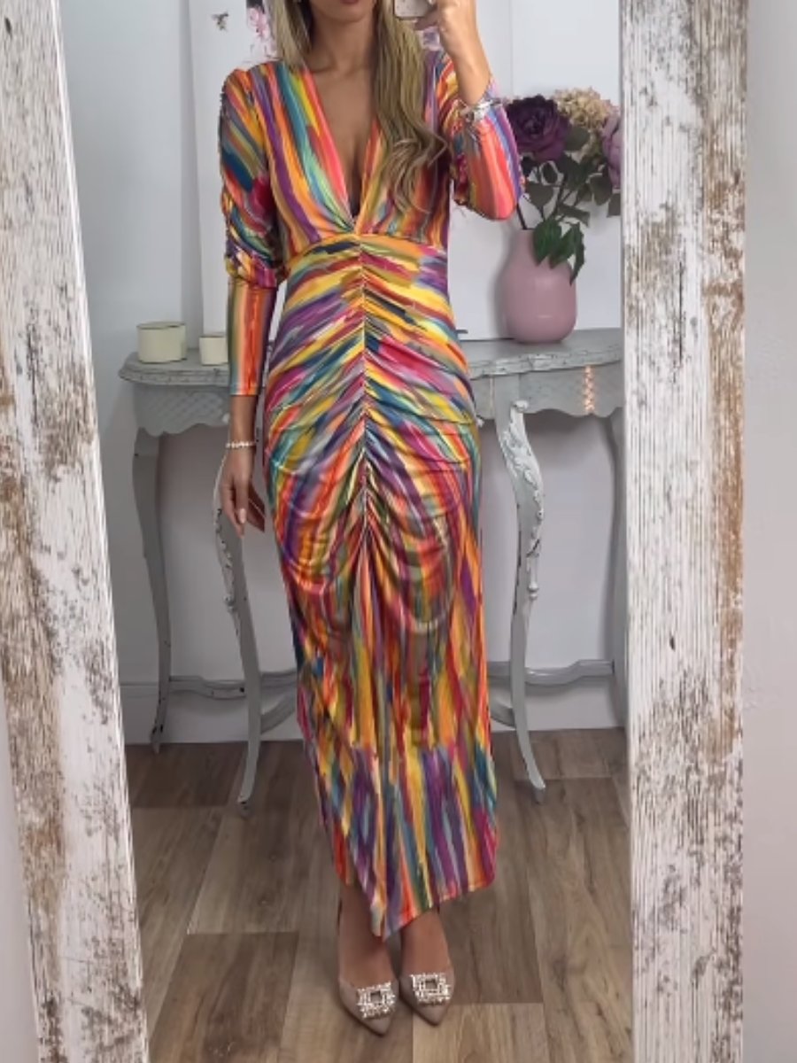 Colorful Printed Pleated Midi Dress