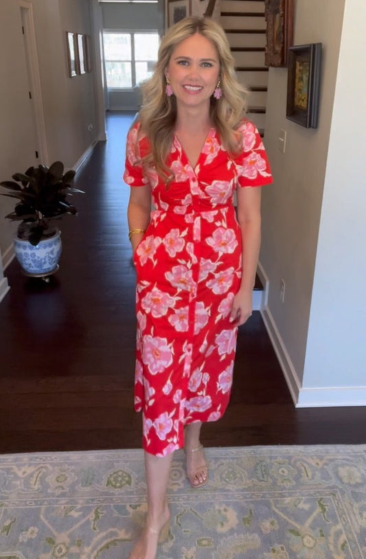 Red Flower Printed Dress With Pockets