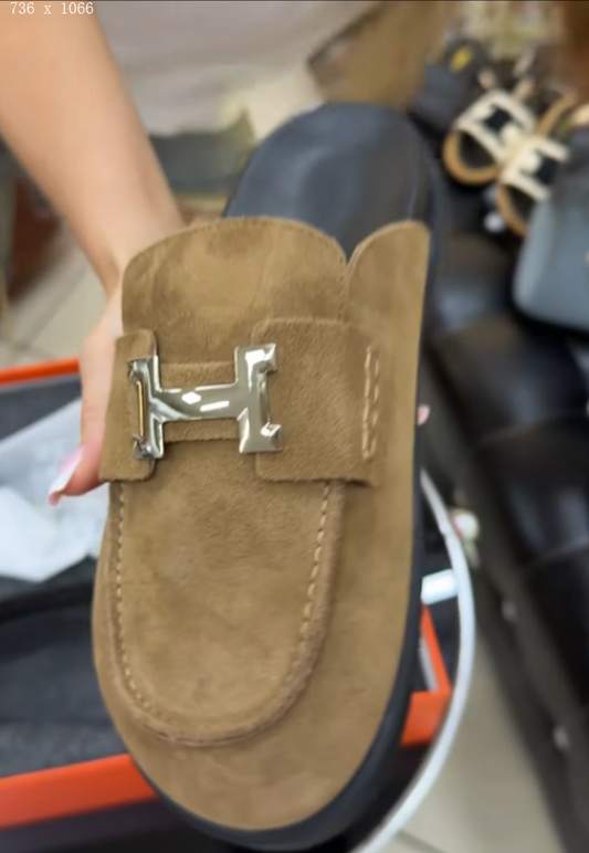Metal buckle leisure leather semi-slippers
