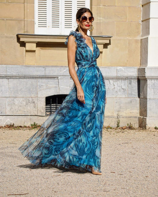 Blue Fowers Summer Vacation Maxi Dress