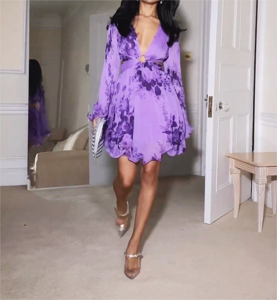 Purple Printed Mini Dress